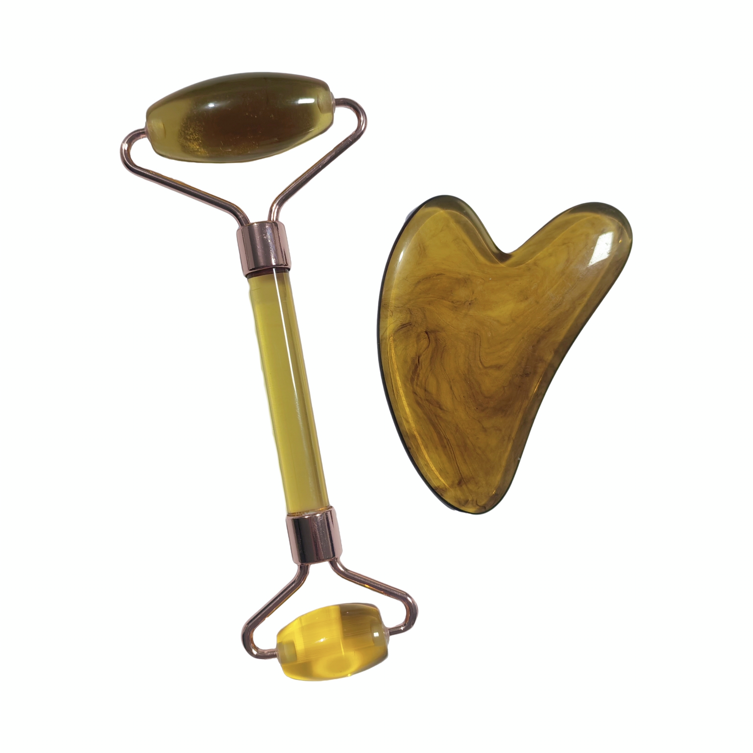 cheap price promotional beauty tools skin tightening Jade-like resin amber color gua sha tools and facial massager roller set