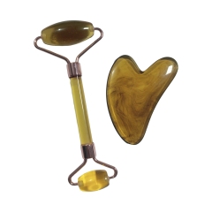 cheap price promotional beauty tools skin tightening Jade-like resin amber color gua sha tools and facial massager roller set