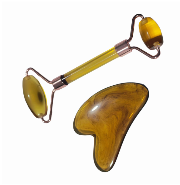 cheap price promotional beauty tools skin tightening Jade-like resin amber color gua sha tools and facial massager roller set