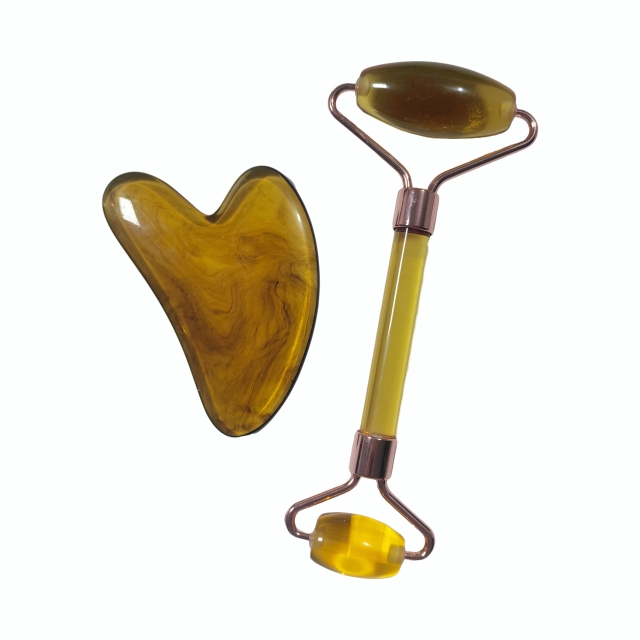 cheap price promotional beauty tools skin tightening Jade-like resin amber color gua sha tools and facial massager roller set