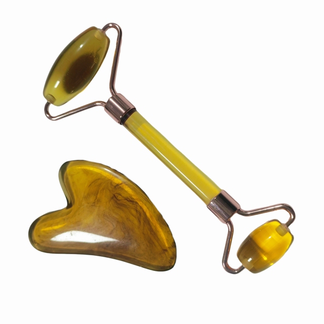 cheap price promotional beauty tools skin tightening Jade-like resin amber color gua sha tools and facial massager roller set