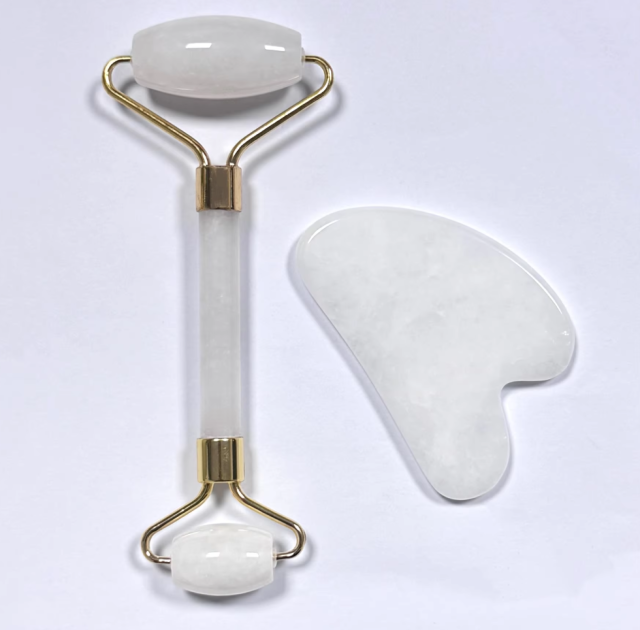 face up beauty products skin care tools white jade gua sha and face roller massager set