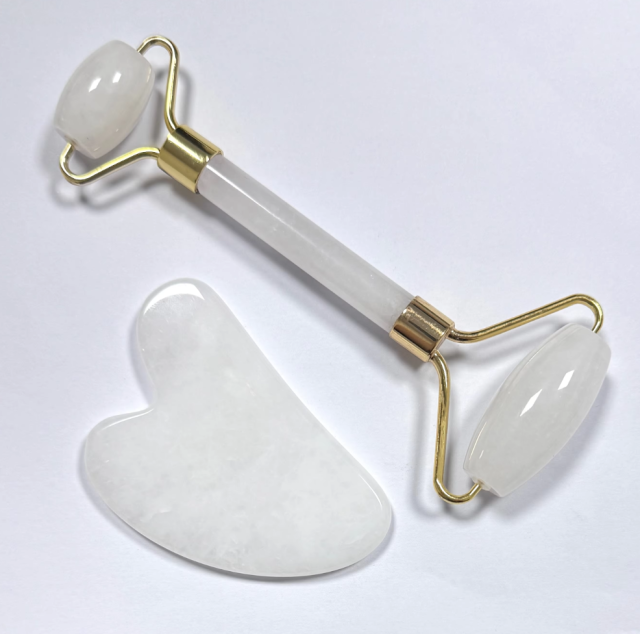 face up beauty products skin care tools white jade gua sha and face roller massager set