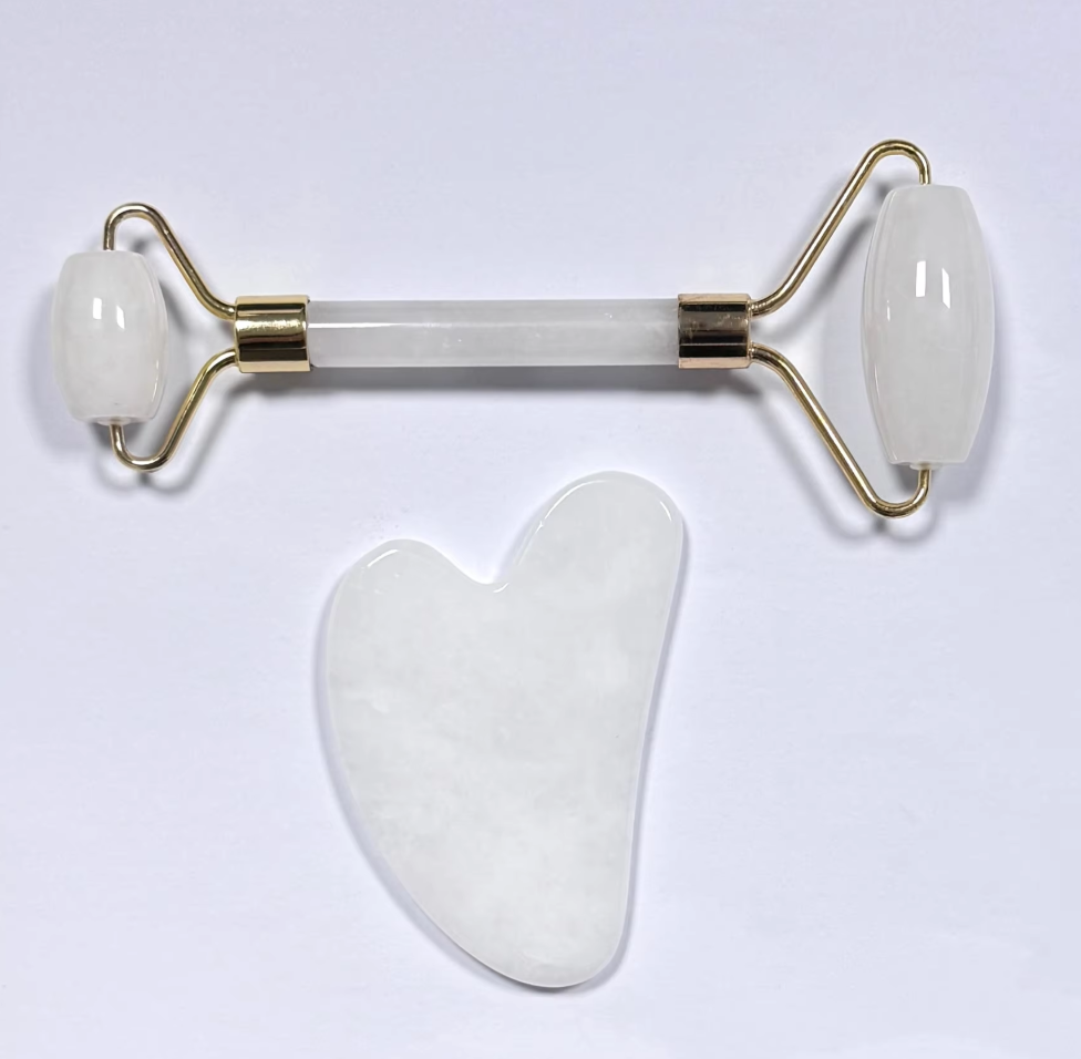 face up beauty products skin care tools white jade gua sha and face roller massager set