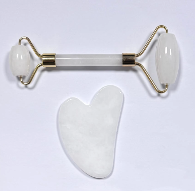 face up beauty products skin care tools white jade gua sha and face roller massager set