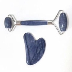 wholesale best quality natural stone blue color aventurine Lymphatic drainage jade roller & gua sha set