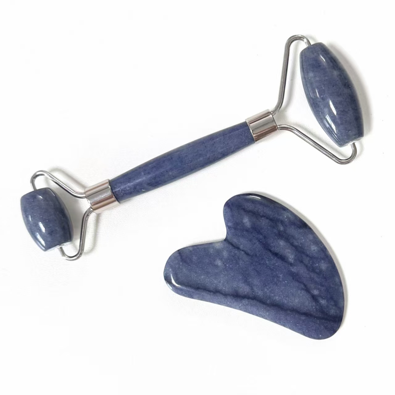 wholesale best quality natural stone blue color aventurine Lymphatic drainage jade roller & gua sha set