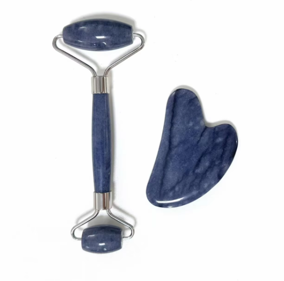 wholesale best quality natural stone blue color aventurine Lymphatic drainage jade roller & gua sha set