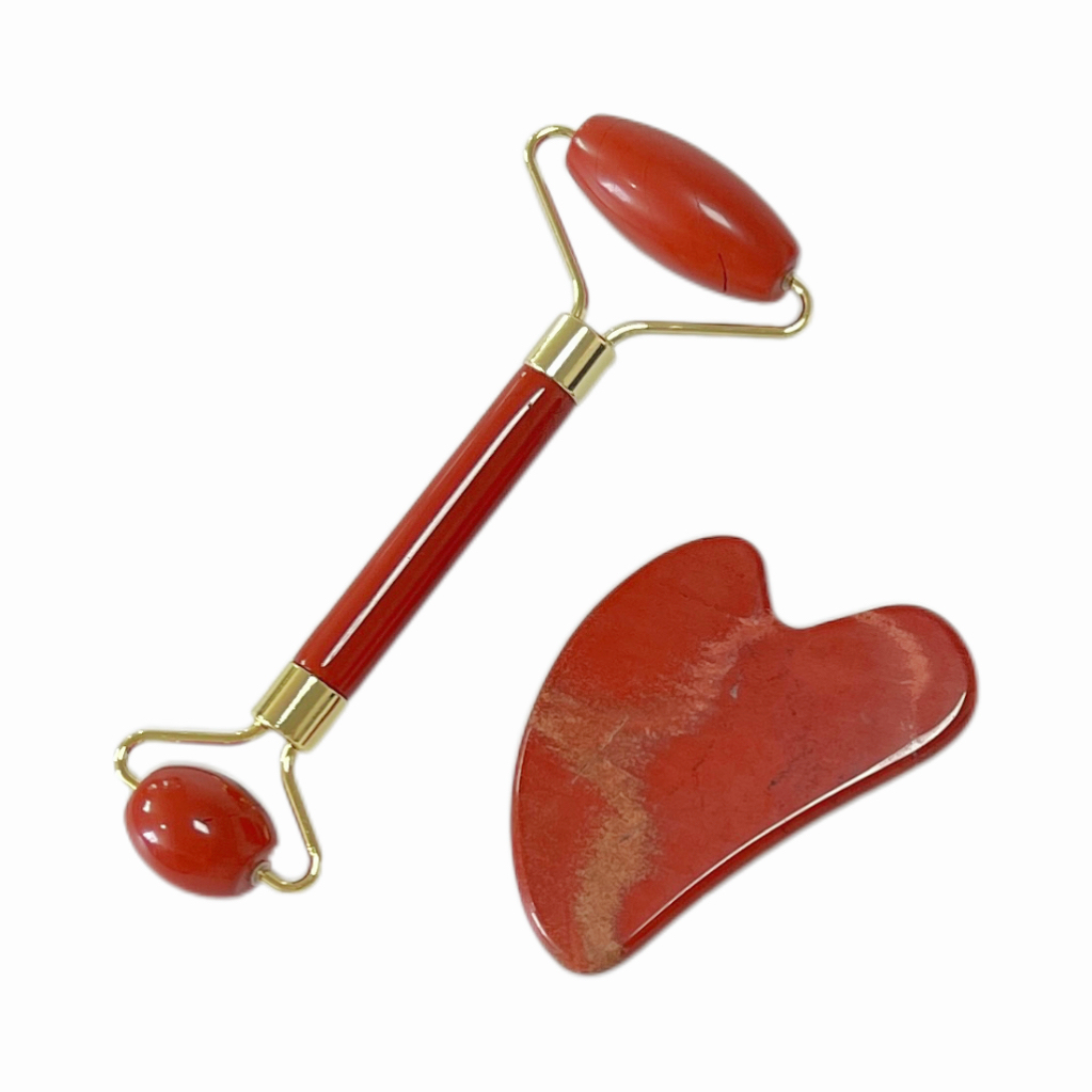 esthetician use skin care beauty tools face care set natural red jasper roller gua sha jade scraping massage tool