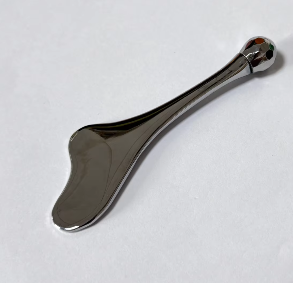wholesale cosmetic skin care tools silver color metal gua sha massage products face cream spoon with roller massager