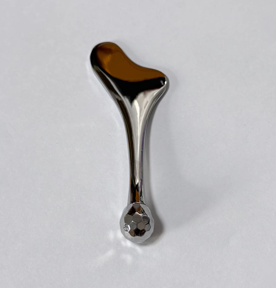 wholesale cosmetic skin care tools silver color metal gua sha massage products face cream spoon with roller massager