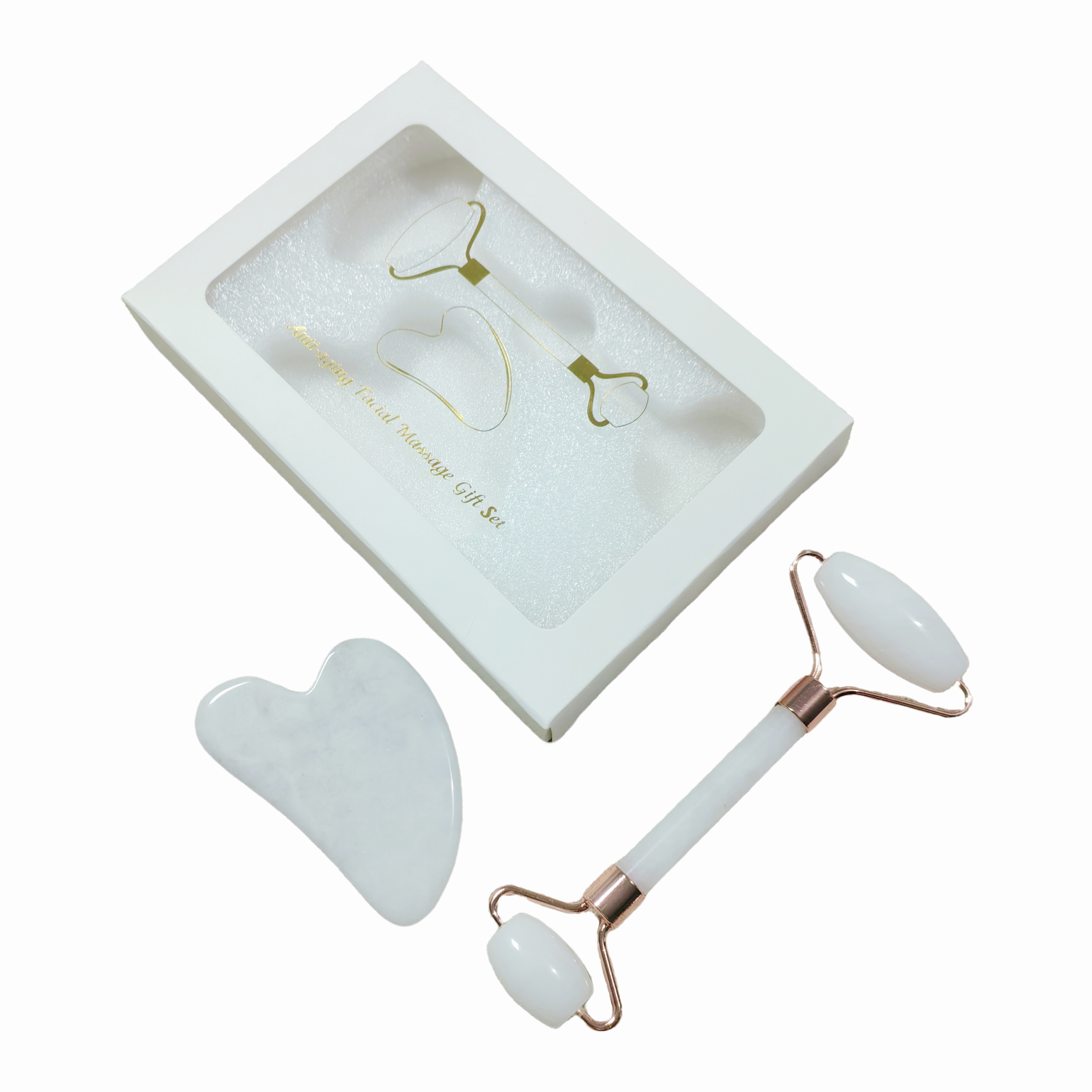 Juego de Gua Sha de Jade Blanco Natural con Rodillo Masajeador y Caja de Regalo