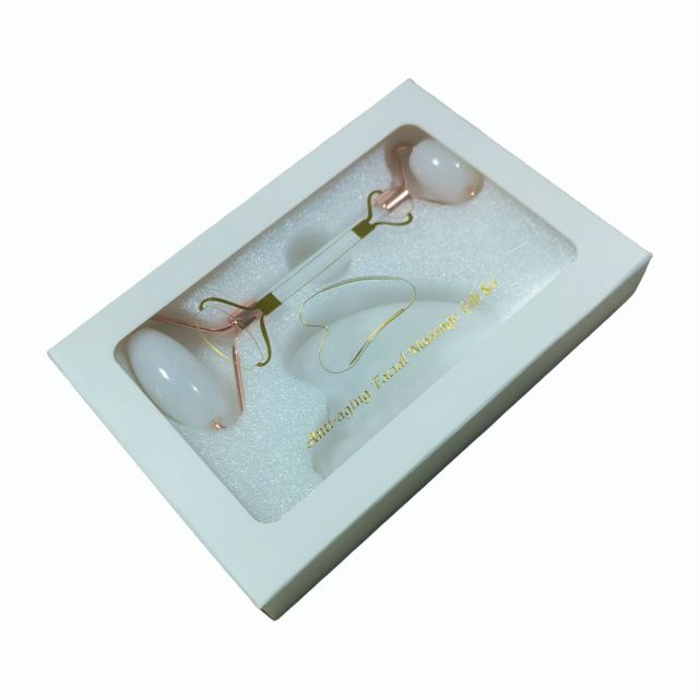 Juego de Gua Sha de Jade Blanco Natural con Rodillo Masajeador y Caja de Regalo