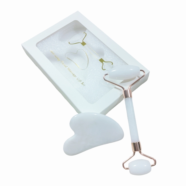 Juego de Gua Sha de Jade Blanco Natural con Rodillo Masajeador y Caja de Regalo