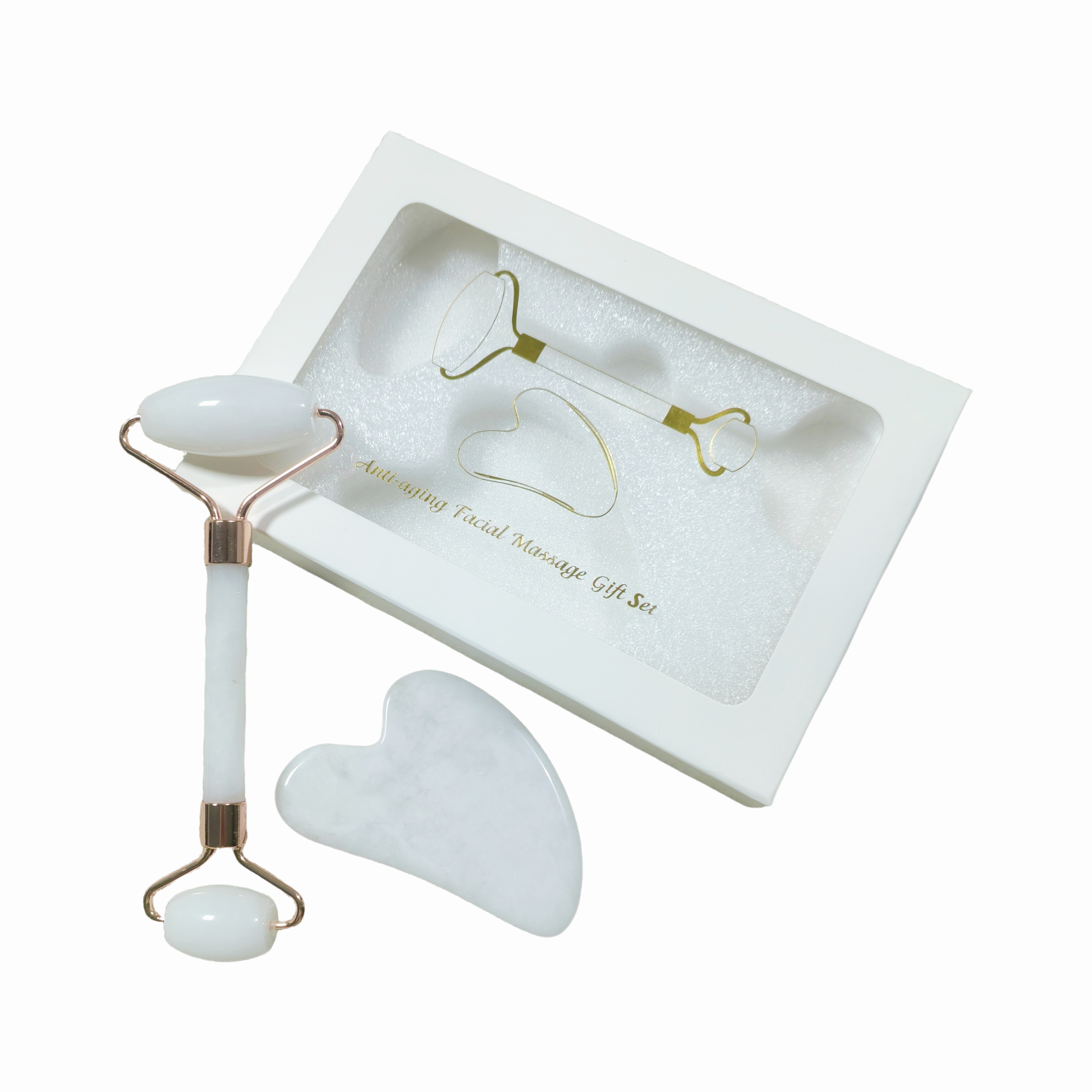 Juego de Gua Sha de Jade Blanco Natural con Rodillo Masajeador y Caja de Regalo