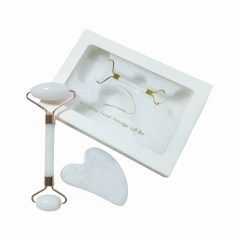 Juego de Gua Sha de Jade Blanco Natural con Rodillo Masajeador y Caja de Regalo