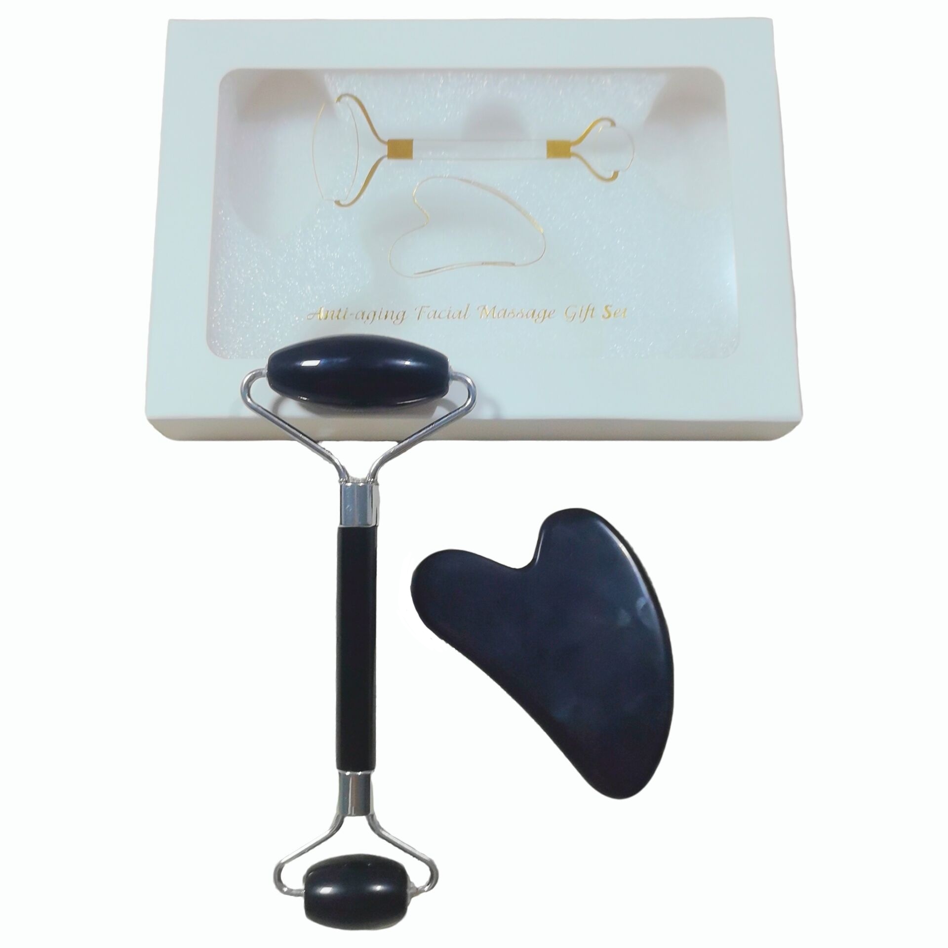 beauty massager real natural cooling black obsidian stone jade roller and gua sha kit with box
