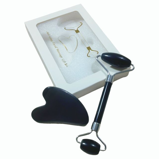 beauty massager real natural cooling black obsidian stone jade roller and gua sha kit with box