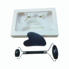 beauty massager real natural cooling black obsidian stone jade roller and gua sha kit with box