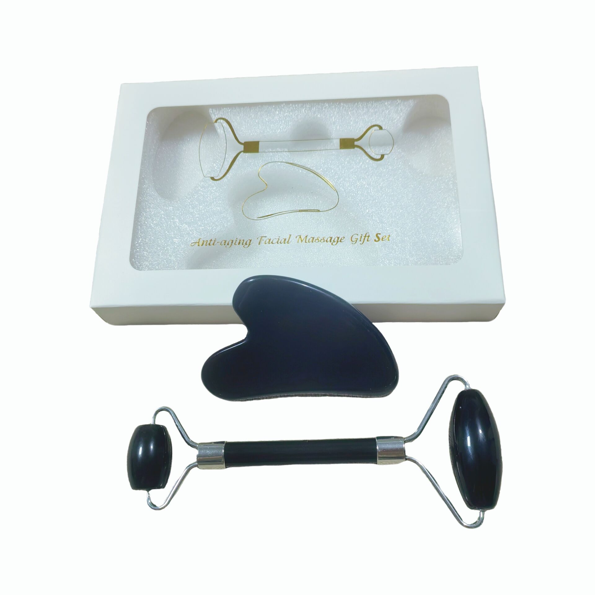 beauty massager real natural cooling black obsidian stone jade roller and gua sha kit with box