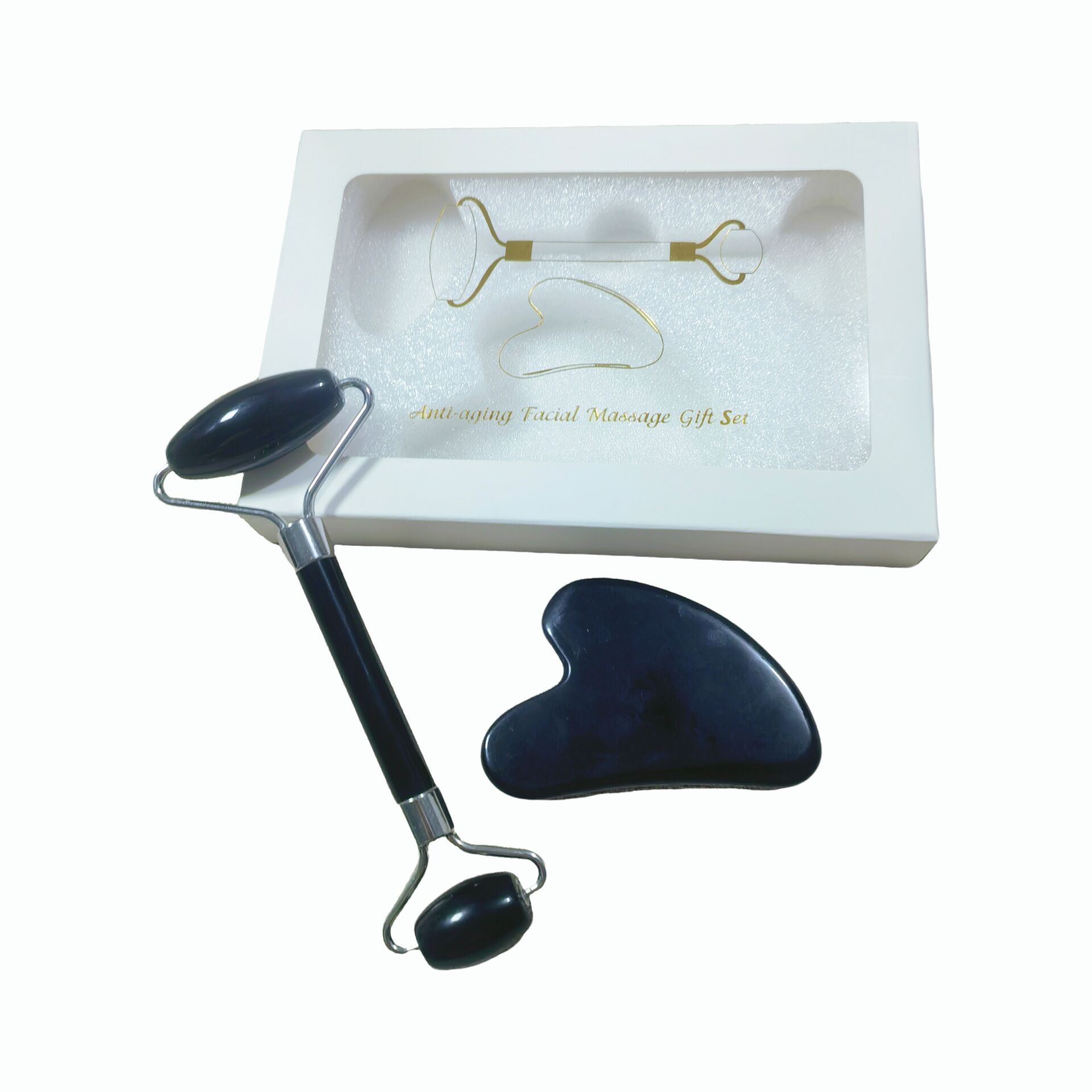 beauty massager real natural cooling black obsidian stone jade roller and gua sha kit with box