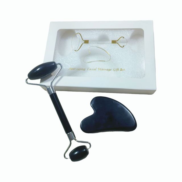 beauty massager real natural cooling black obsidian stone jade roller and gua sha kit with box