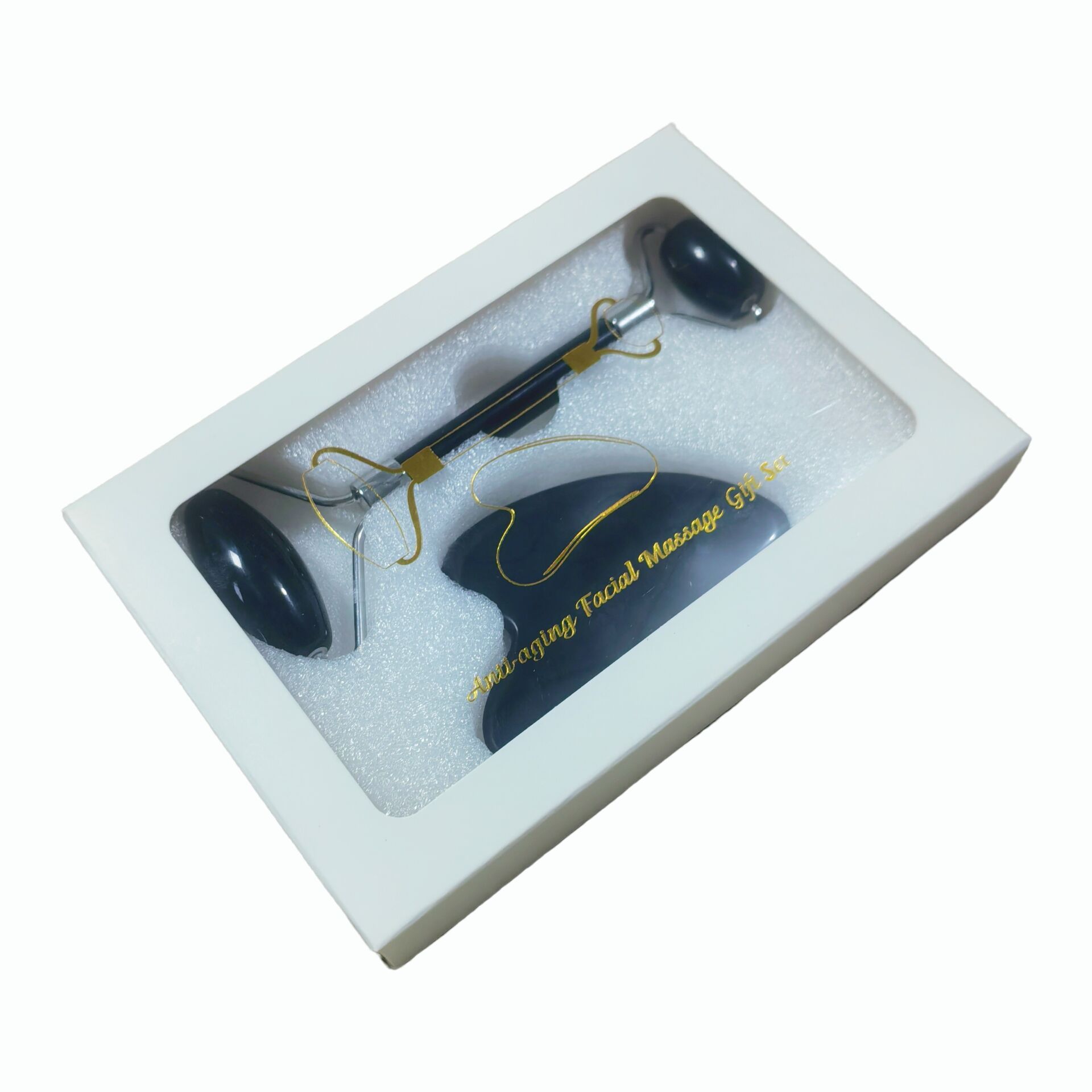beauty massager real natural cooling black obsidian stone jade roller and gua sha kit with box