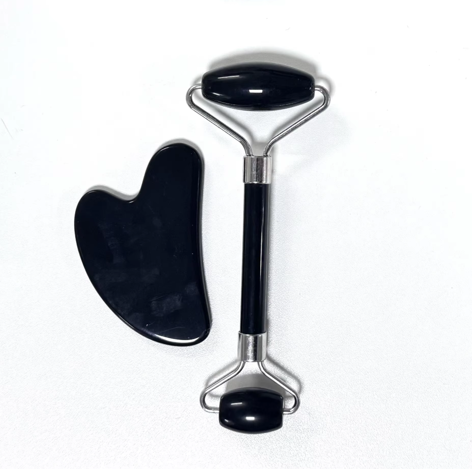 beauty massager real natural cooling black obsidian stone jade roller and gua sha kit with box
