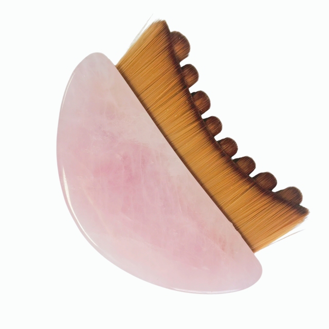Natural Rose Quartz Handle Multi Functional Facial Contour Lymph Brush Massage Tool Skin Tightening Gua Sha Cleansing Brush for Face