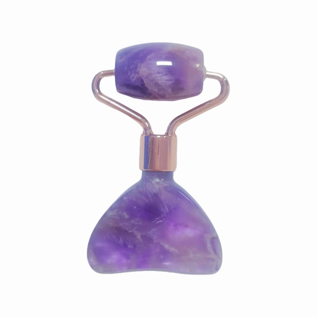 multi-functional 2 in 1 purple color skin care tools cooling gemstone natural amethyst face roller and gua sha mini muscle relaxer for face