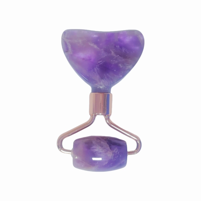 multi-functional 2 in 1 purple color skin care tools cooling gemstone natural amethyst face roller and gua sha mini muscle relaxer for face