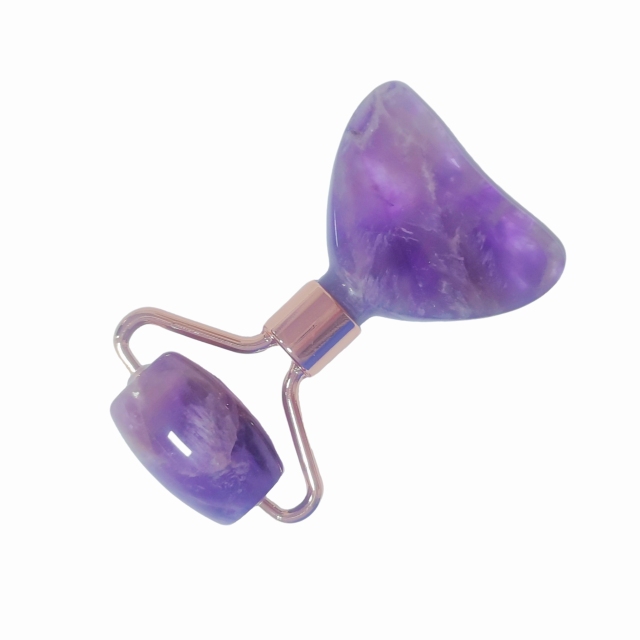 multi-functional 2 in 1 purple color skin care tools cooling gemstone natural amethyst face roller and gua sha mini muscle relaxer for face