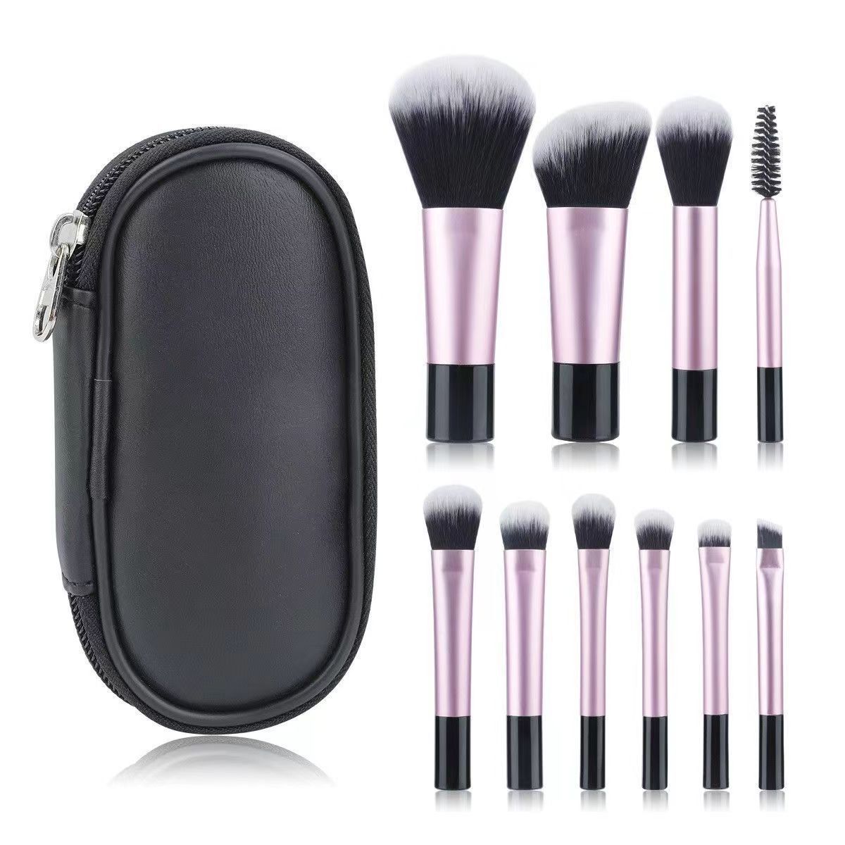 Makeup brush set with crystal handle, including powder brush, contour brush, blush brush, and eyeshadow brush. 10 brushes in a portable set.