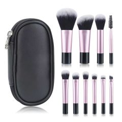 Makeup brush set with crystal handle, including powder brush, contour brush, blush brush, and eyeshadow brush. 10 brushes in a portable set.