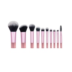 Makeup brush set with crystal handle, including powder brush, contour brush, blush brush, and eyeshadow brush. 10 brushes in a portable set.