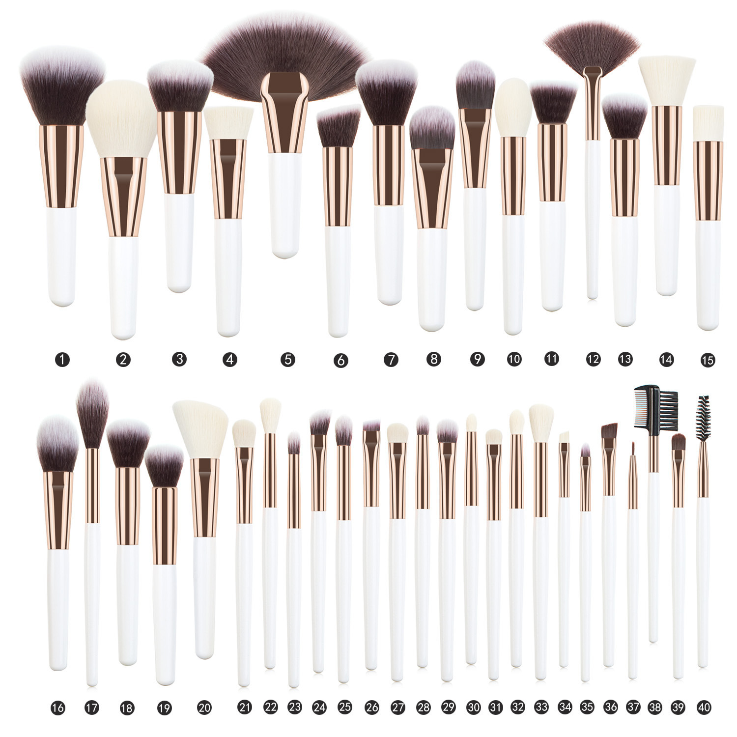 40-piece portable makeup brush set, complete makeup tool set including powder brush, foundation brush, eyeshadow brush, setting powder brush, and concealer brush.