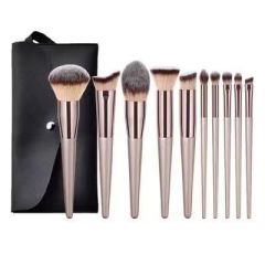 10-piece and 14-piece champagne gold makeup brush set, including blush, eyeshadow, eyebrow brushes, contour brushes, and powder brushes. In stock.