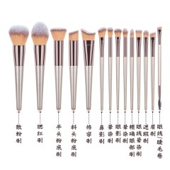 10-piece and 14-piece champagne gold makeup brush set, including blush, eyeshadow, eyebrow brushes, contour brushes, and powder brushes. In stock.