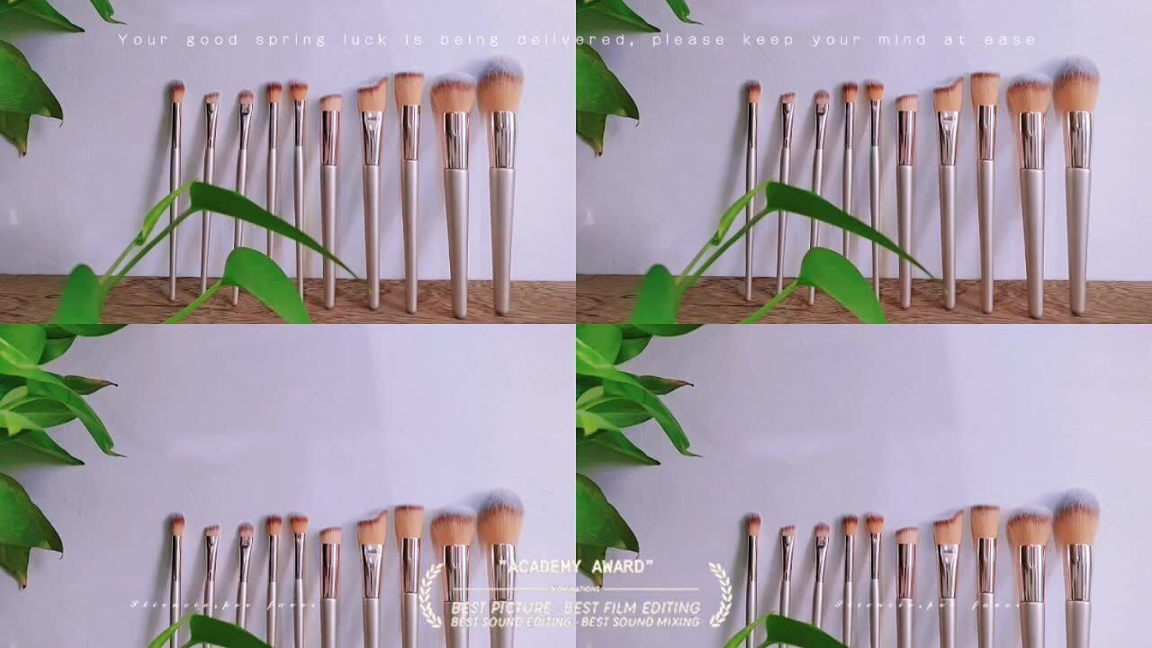 10-piece and 14-piece champagne gold makeup brush set, including blush, eyeshadow, eyebrow brushes, contour brushes, and powder brushes. In stock.