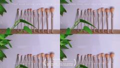 10-piece and 14-piece champagne gold makeup brush set, including blush, eyeshadow, eyebrow brushes, contour brushes, and powder brushes. In stock.