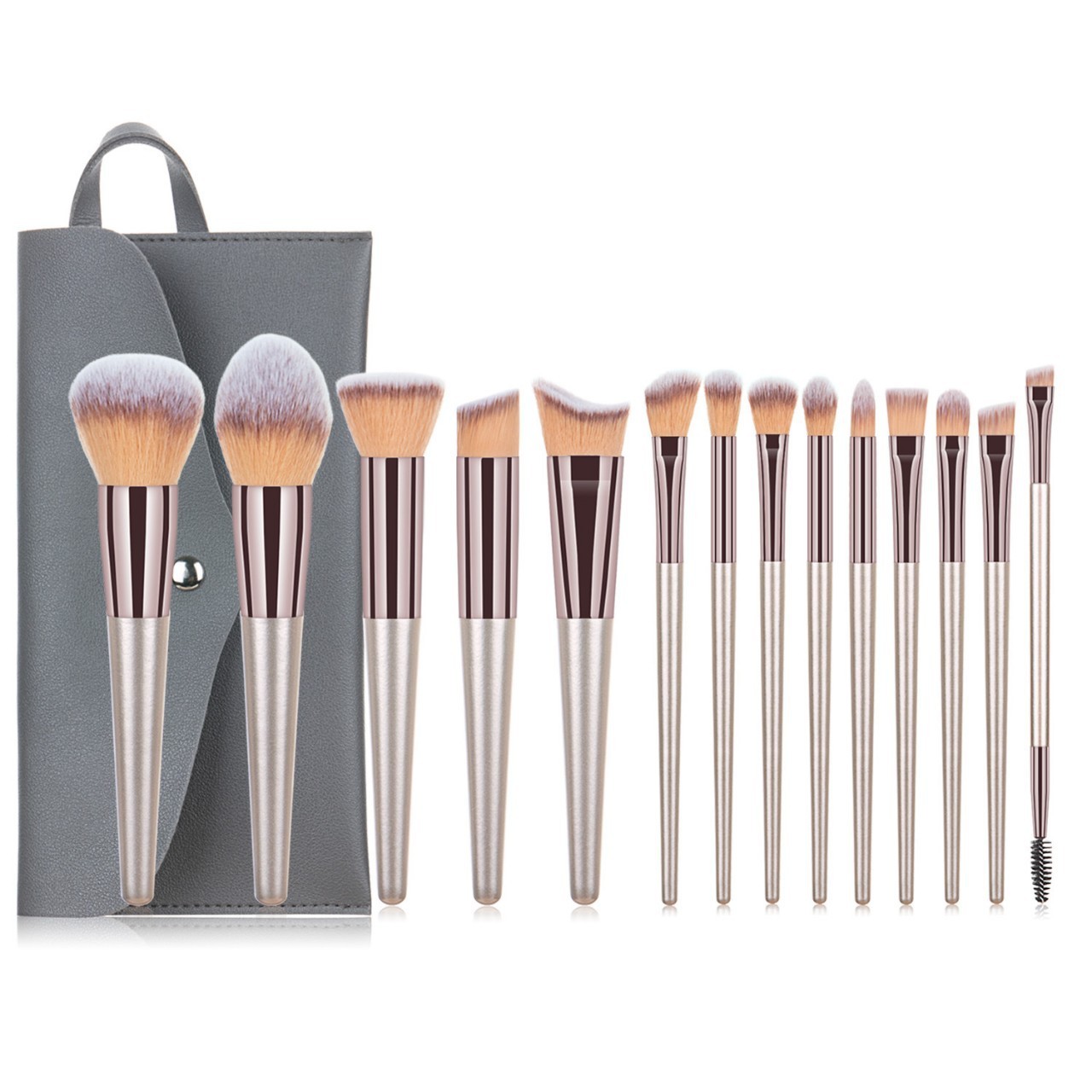 10-piece and 14-piece champagne gold makeup brush set, including blush, eyeshadow, eyebrow brushes, contour brushes, and powder brushes. In stock.