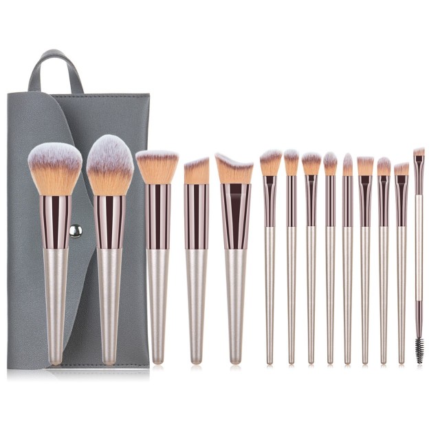 10-piece and 14-piece champagne gold makeup brush set, including blush, eyeshadow, eyebrow brushes, contour brushes, and powder brushes. In stock.