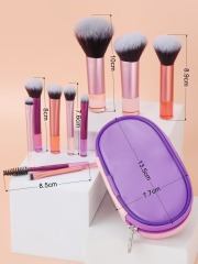 Makeup brush set with crystal handle, including powder brush, contour brush, blush brush, and eyeshadow brush. 10 brushes in a portable set.