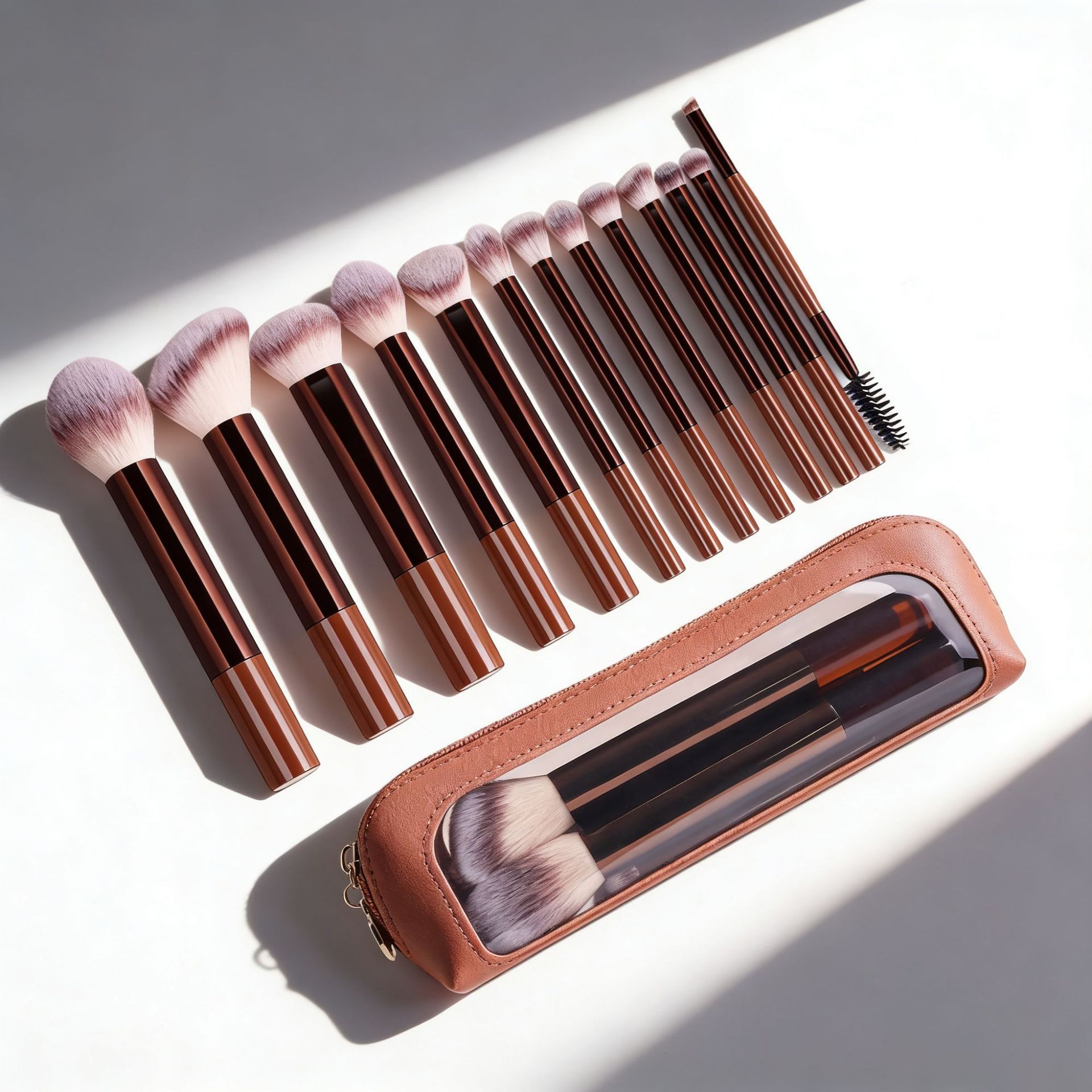 "New 13-Piece Makeup Brush Set, Long-Handle Brushes in Brown, Includes Eyeshadow Brushes, Eyebrow Brushes, and Cushion Puffs"