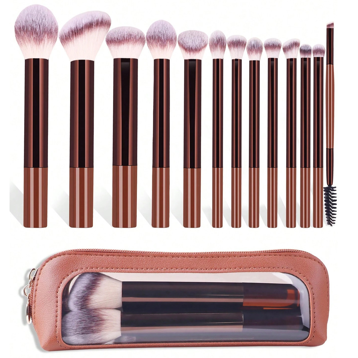 "New 13-Piece Makeup Brush Set, Long-Handle Brushes in Brown, Includes Eyeshadow Brushes, Eyebrow Brushes, and Cushion Puffs"