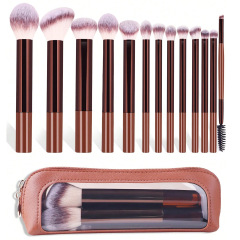 "New 13-Piece Makeup Brush Set, Long-Handle Brushes in Brown, Includes Eyeshadow Brushes, Eyebrow Brushes, and Cushion Puffs"