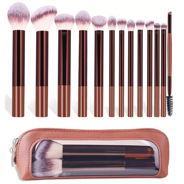 "New 13-Piece Makeup Brush Set, Long-Handle Brushes in Brown, Includes Eyeshadow Brushes, Eyebrow Brushes, and Cushion Puffs"