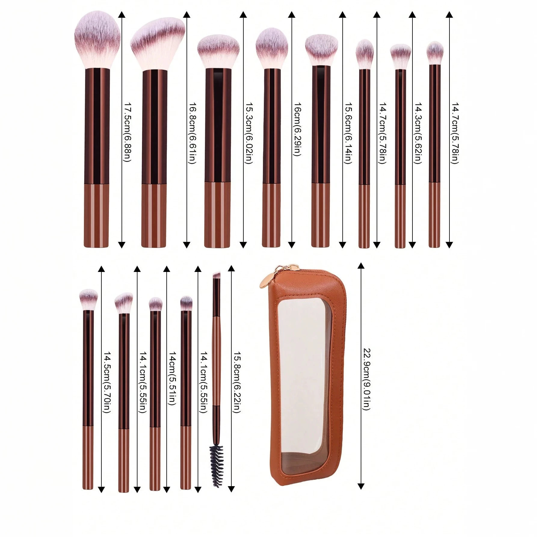 "New 13-Piece Makeup Brush Set, Long-Handle Brushes in Brown, Includes Eyeshadow Brushes, Eyebrow Brushes, and Cushion Puffs"