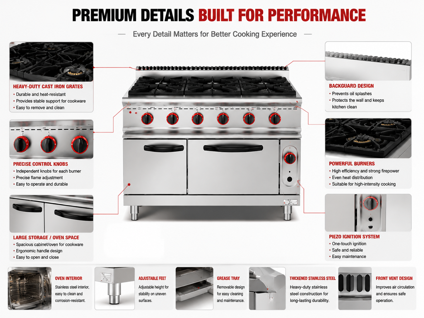 Commercial Gas Range With 4/6 Burners & Gas Oven for Kitchens