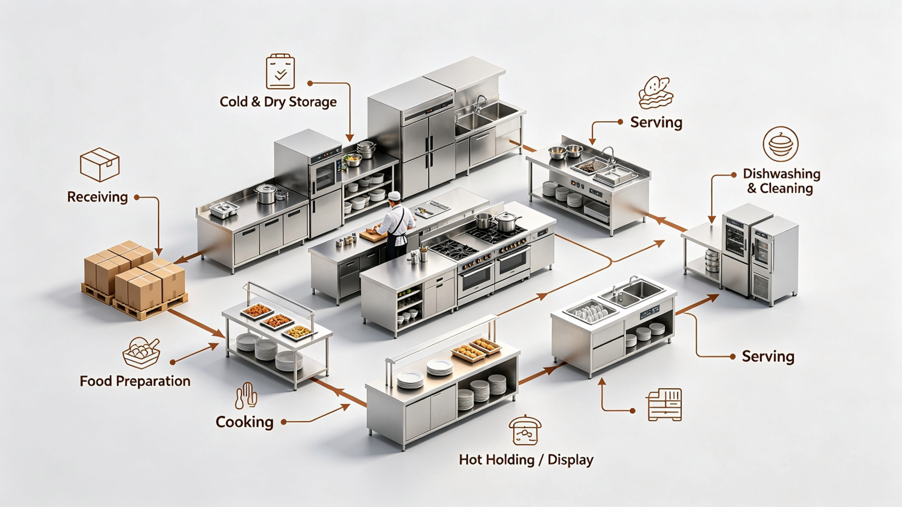 Commercial kitchen workflow from receiving ingredients to food service and cleaning
